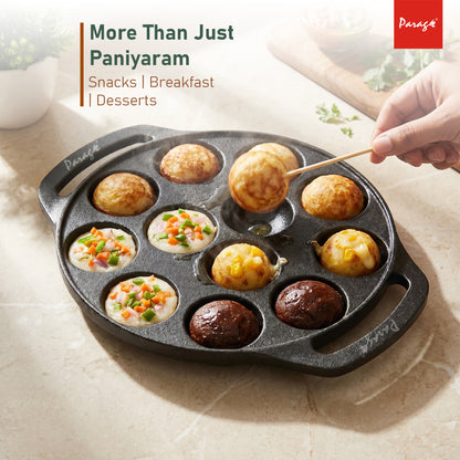 Cast Iron Appe Pan 12 Cavity | 2.05 Kg Heavy Weight Paniyaram Pan | Pre-Seasoned Appam Maker | Non-Toxic, Chemical Free Paddu Pan | Even Heating Cookware for Gas Stove 2 Years Warranty
