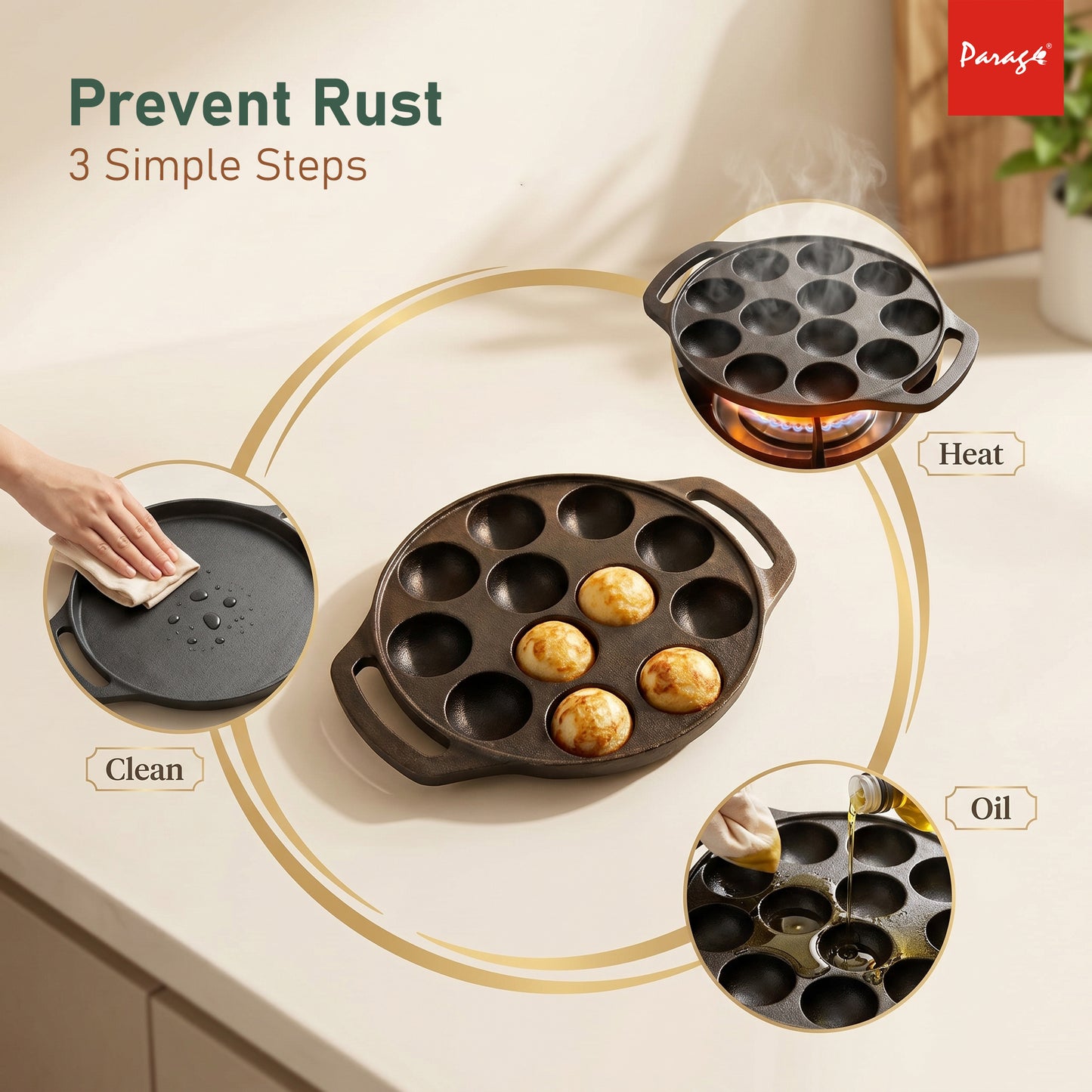 Cast Iron Appe Pan 12 Cavity | 2.05 Kg Heavy Weight Paniyaram Pan | Pre-Seasoned Appam Maker | Non-Toxic, Chemical Free Paddu Pan | Even Heating Cookware for Gas Stove 2 Years Warranty
