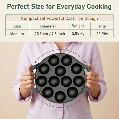 Cast Iron Appe Pan 12 Cavity | 2.05 Kg Heavy Weight Paniyaram Pan | Pre-Seasoned Appam Maker | Non-Toxic, Chemical Free Paddu Pan | Even Heating Cookware for Gas Stove 2 Years Warranty