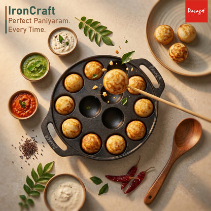 Cast Iron Appe Pan 12 Cavity | 2.05 Kg Heavy Weight Paniyaram Pan | Pre-Seasoned Appam Maker | Non-Toxic, Chemical Free Paddu Pan | Even Heating Cookware for Gas Stove 2 Years Warranty