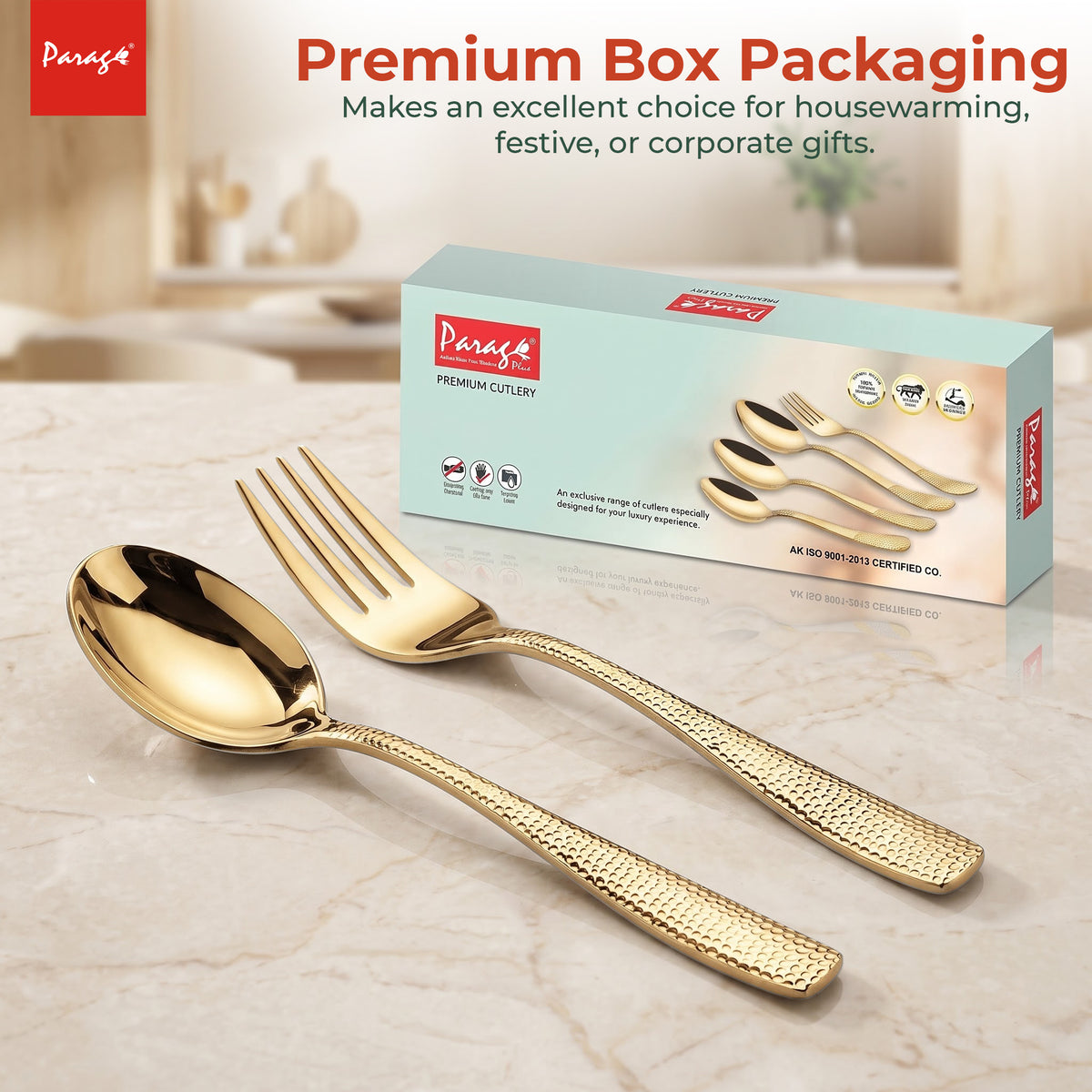 Parage Hammered Stainless Steel PVD Gold Spoon Fork Set of 12, 6 Dinner Spoons & 6 Dinner Forks, 1.7mm Heavy Gauge Cutlery Set, Mirror Finish Stainless Steel Tableware for Home Kitchen Dining