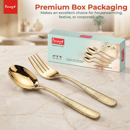 Parage Hammered Stainless Steel PVD Gold Spoon Fork Set of 12, 6 Dinner Spoons & 6 Dinner Forks, 1.7mm Heavy Gauge Cutlery Set, Mirror Finish Stainless Steel Tableware for Home Kitchen Dining