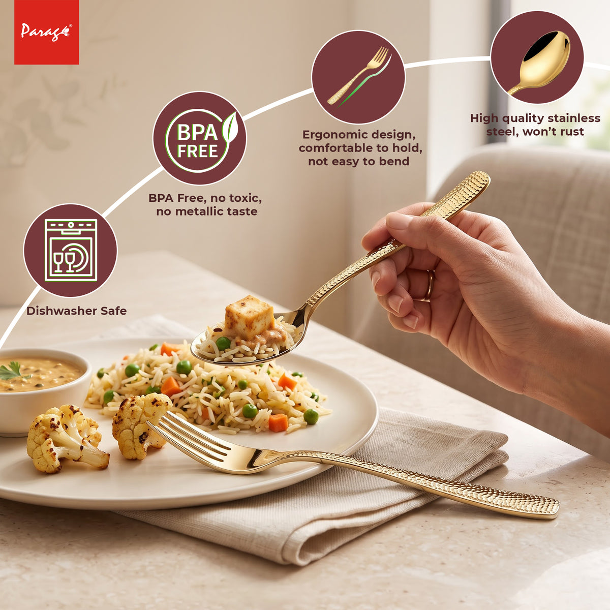 Parage Hammered Stainless Steel PVD Gold Spoon Fork Set of 12, 6 Dinner Spoons & 6 Dinner Forks, 1.7mm Heavy Gauge Cutlery Set, Mirror Finish Stainless Steel Tableware for Home Kitchen Dining