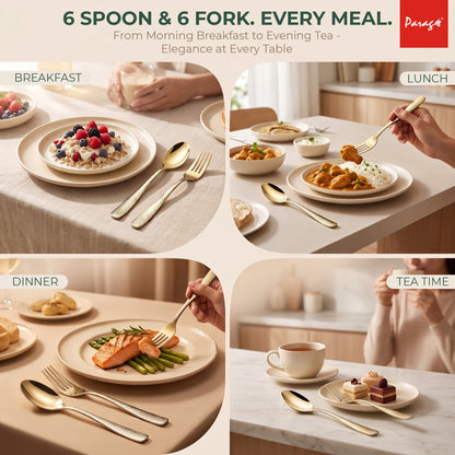 Parage Hammered Stainless Steel PVD Gold Spoon Fork Set of 12, 6 Dinner Spoons & 6 Dinner Forks, 1.7mm Heavy Gauge Cutlery Set, Mirror Finish Stainless Steel Tableware for Home Kitchen Dining