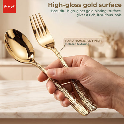 Parage Hammered Stainless Steel PVD Gold Spoon Fork Set of 12, 6 Dinner Spoons & 6 Dinner Forks, 1.7mm Heavy Gauge Cutlery Set, Mirror Finish Stainless Steel Tableware for Home Kitchen Dining