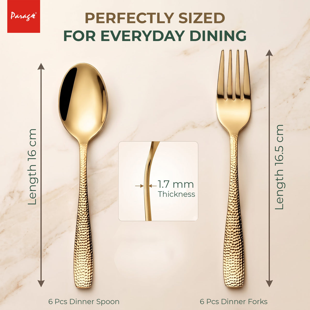 Parage Hammered Stainless Steel PVD Gold Spoon Fork Set of 12, 6 Dinner Spoons & 6 Dinner Forks, 1.7mm Heavy Gauge Cutlery Set, Mirror Finish Stainless Steel Tableware for Home Kitchen Dining