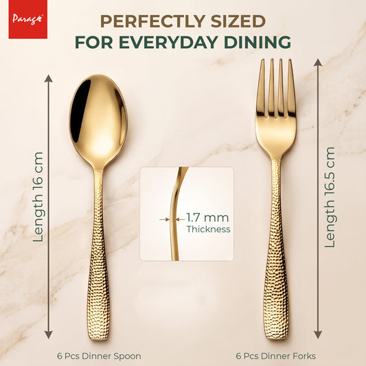 Parage Hammered Stainless Steel PVD Gold Spoon Fork Set of 12, 6 Dinner Spoons & 6 Dinner Forks, 1.7mm Heavy Gauge Cutlery Set, Mirror Finish Stainless Steel Tableware for Home Kitchen Dining