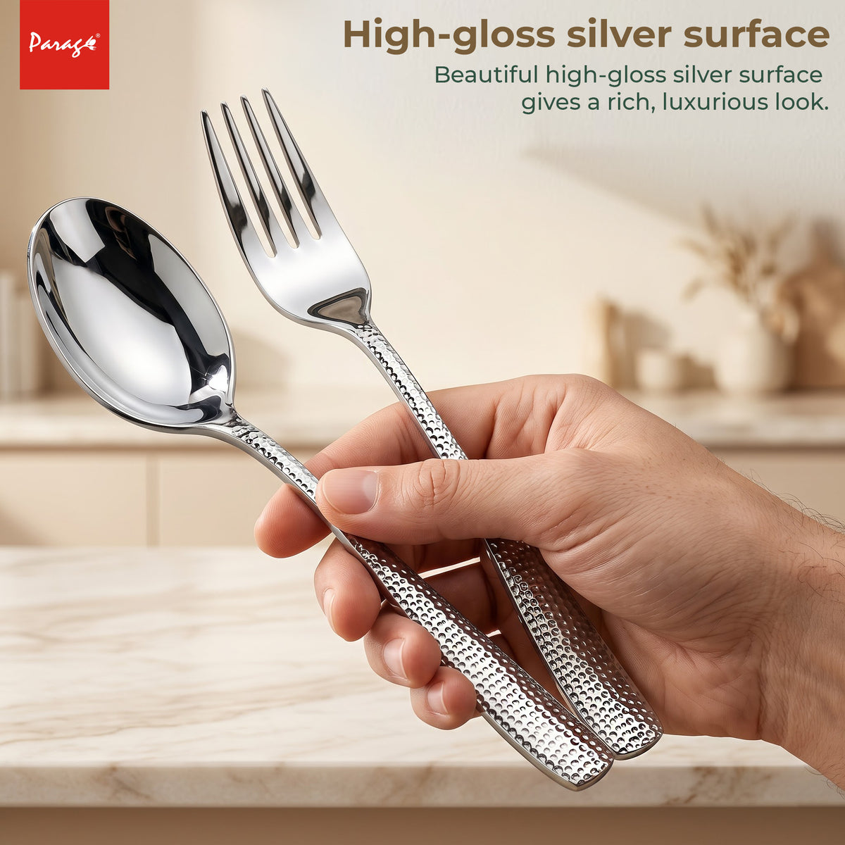Hammered Stainless Steel Spoon Fork Set of 12, 6 Dinner Spoons & 6 Dinner Forks, 1.7mm Heavy Gauge Cutlery Set, Mirr – Parage