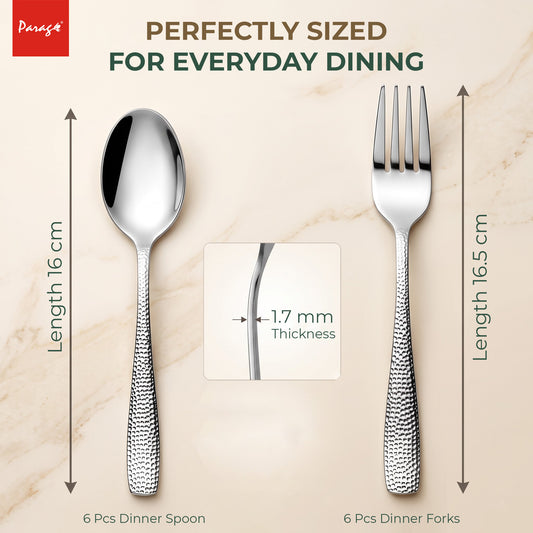 Hammered Stainless Steel Spoon Fork Set of 12, 6 Dinner Spoons & 6 Dinner Forks, 1.7mm Heavy Gauge Cutlery Set, Mirr – Parage