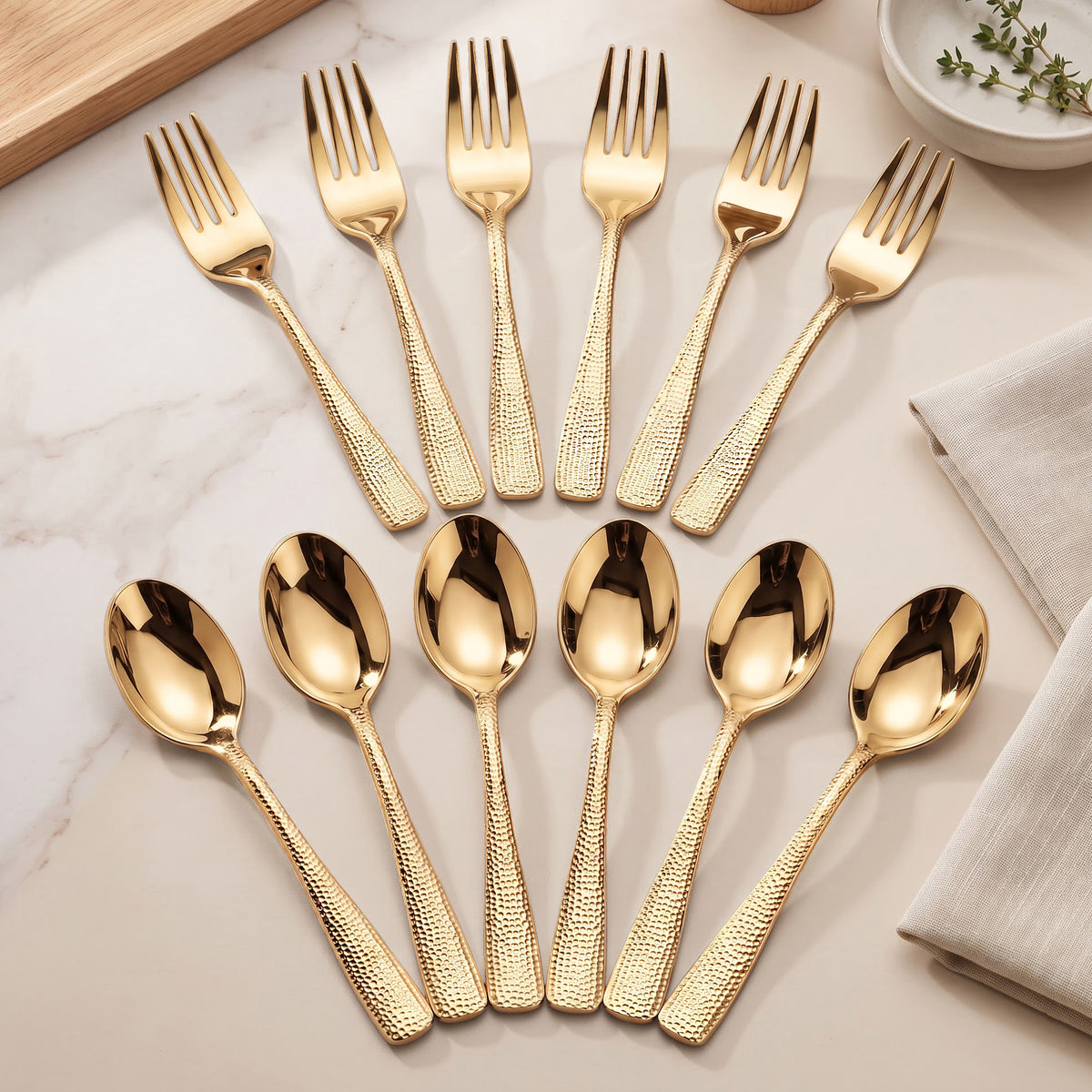 Parage Hammered Stainless Steel PVD Gold Spoon Fork Set of 12, 6 Dinner Spoons & 6 Dinner Forks, 1.7mm Heavy Gauge Cutlery Set, Mirror Finish Stainless Steel Tableware for Home Kitchen Dining