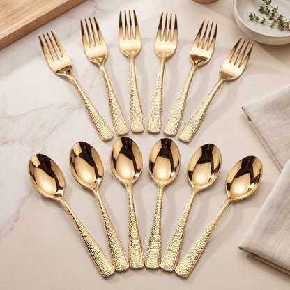 Parage Hammered Stainless Steel PVD Gold Spoon Fork Set of 12, 6 Dinner Spoons & 6 Dinner Forks, 1.7mm Heavy Gauge Cutlery Set, Mirror Finish Stainless Steel Tableware for Home Kitchen Dining