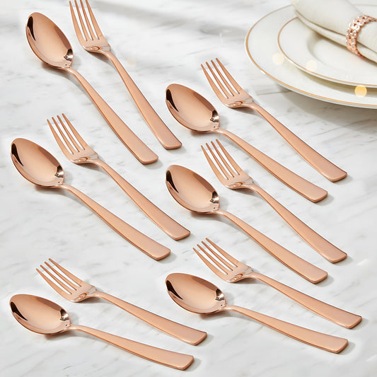 12-Piece Stainless Steel Rose Gold Cutlery Set | 6 Dinner Spoons & 6 Dinner Forks, Premium PVD Flatware for Home & Kitchen