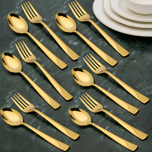 12pc Stainless Steel Golden Cutlery | 16cm Spoons & Forks | Dining