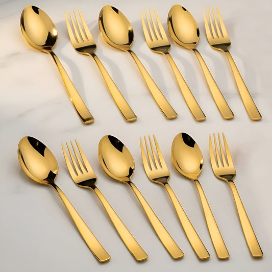 12pc Stainless Steel Golden Cutlery | 19cm Spoons & Forks | Dining