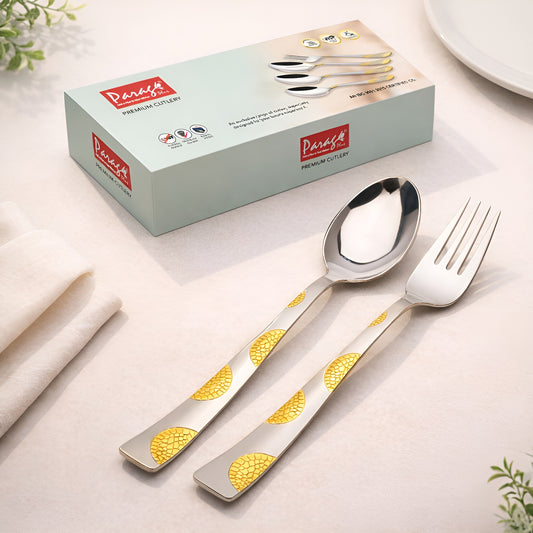 12pc Moonpress Stainless Steel 24k Gold Cutlery | 19cm Spoons & Forks | Dining