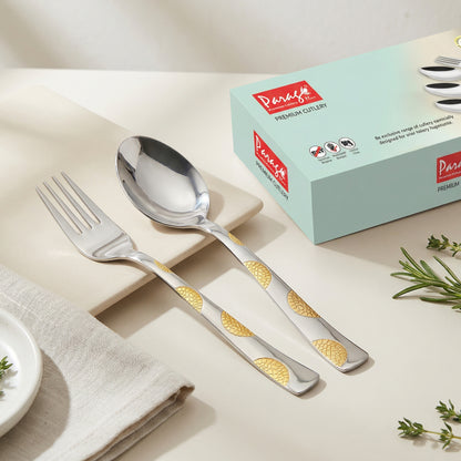 12pc Moonpress Stainless Steel 24k Gold Cutlery | 16cm Spoons & Forks | Dining
