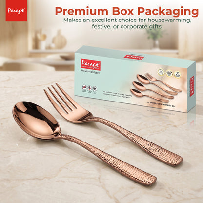 Parage Hammered Stainless Steel Rose Gold Spoon Fork Set of 12, 6 Dinner Spoons & 6 Dinner Forks, 1.7mm Heavy Gauge Cutlery Set, Mirror Finish Stainless Steel Tableware for Home Kitchen Dining