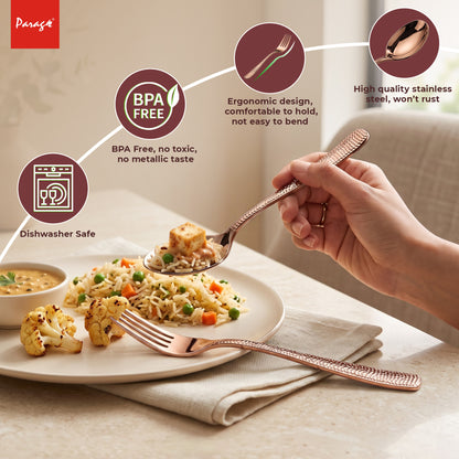 Parage Hammered Stainless Steel Rose Gold Spoon Fork Set of 12, 6 Dinner Spoons & 6 Dinner Forks, 1.7mm Heavy Gauge Cutlery Set, Mirror Finish Stainless Steel Tableware for Home Kitchen Dining