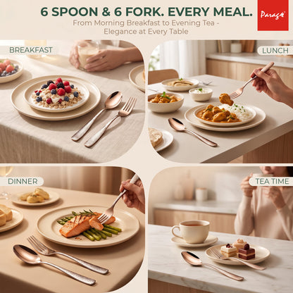 Parage Hammered Stainless Steel Rose Gold Spoon Fork Set of 12, 6 Dinner Spoons & 6 Dinner Forks, 1.7mm Heavy Gauge Cutlery Set, Mirror Finish Stainless Steel Tableware for Home Kitchen Dining