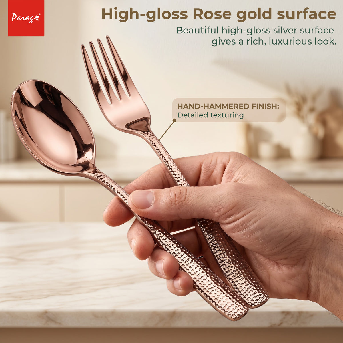 Parage Hammered Stainless Steel Rose Gold Spoon Fork Set of 12, 6 Dinner Spoons & 6 Dinner Forks, 1.7mm Heavy Gauge Cutlery Set, Mirror Finish Stainless Steel Tableware for Home Kitchen Dining