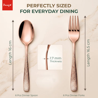 Parage Hammered Stainless Steel Rose Gold Spoon Fork Set of 12, 6 Dinner Spoons & 6 Dinner Forks, 1.7mm Heavy Gauge Cutlery Set, Mirror Finish Stainless Steel Tableware for Home Kitchen Dining
