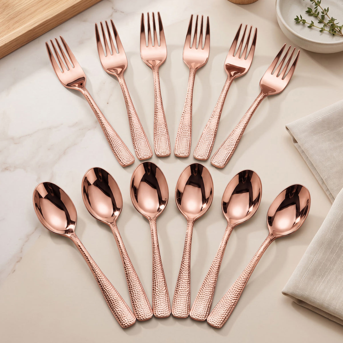Parage Hammered Stainless Steel Rose Gold Spoon Fork Set of 12, 6 Dinner Spoons & 6 Dinner Forks, 1.7mm Heavy Gauge Cutlery Set, Mirror Finish Stainless Steel Tableware for Home Kitchen Dining