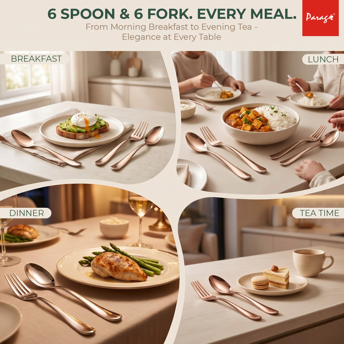 Parage Tiara Stainless Steel Rose Gold Spoon Fork Set of 12