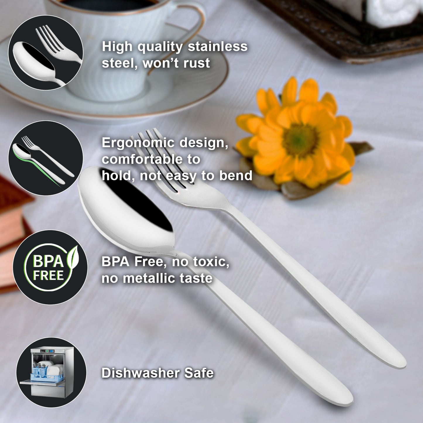 12 Pieces Stainless Steel Spoon & Fork Set | 6 Spoons + 6 Forks | Silver Sigma Design Tableware