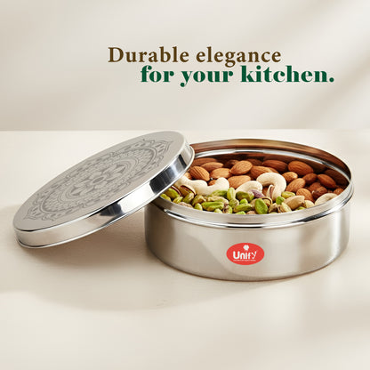 1 Piece Stainless Steel Puri Dabba | Flat Canister (2.1 Ltr) | Airtight Dry Fruit, Masala, Snacks & Sweet Storage Container | Premium Kitchen Storage & Gift Set