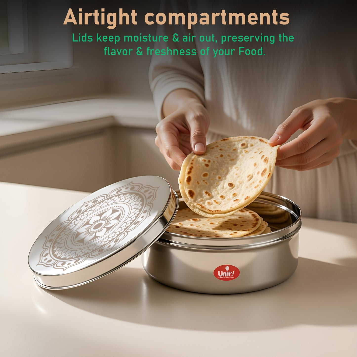 1 Piece Stainless Steel Puri Dabba | Flat Canister (2.1 Ltr) | Airtight Dry Fruit, Masala, Snacks & Sweet Storage Container | Premium Kitchen Storage & Gift Set
