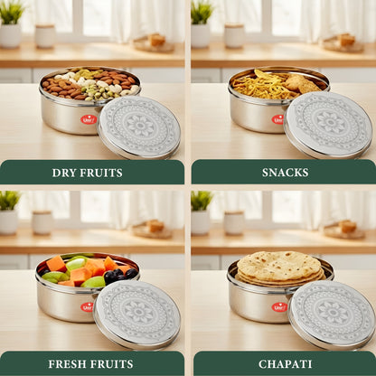 1 Piece Stainless Steel Puri Dabba | Flat Canister (2.1 Ltr) | Airtight Dry Fruit, Masala, Snacks & Sweet Storage Container | Premium Kitchen Storage & Gift Set