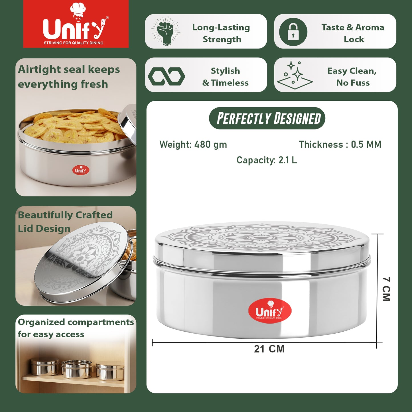 1 Piece Stainless Steel Puri Dabba | Flat Canister (2.1 Ltr) | Airtight Dry Fruit, Masala, Snacks & Sweet Storage Container | Premium Kitchen Storage & Gift Set