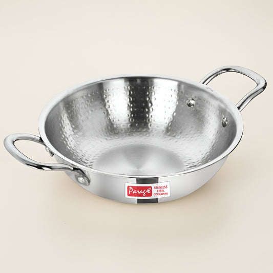 1 Piece Tripure Tri-Ply Hammered Stainless Steel Kadhai 24 cm | ISI Mark Certified | 2.6 LTR Deep Kadhai for Induction & Gas Stove | Even Heat Distribution, Non-Reactive, Heavy Bottom Cookware