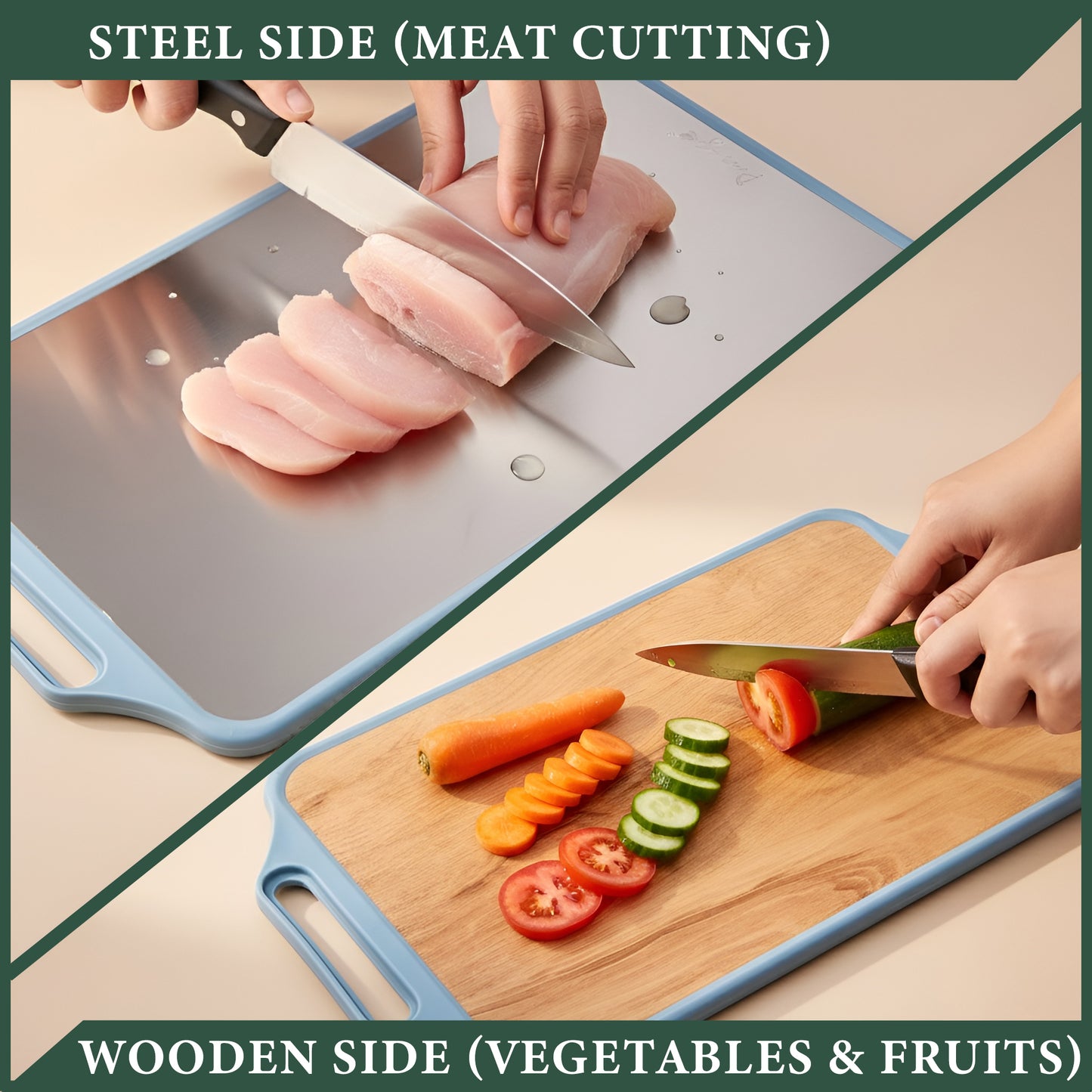 2-in-1 Reversible Chopping Board | Stainless Steel + Wooden Dual-Side Cutting Board | Hygienic, Anti-Slip, Heavy-Duty Board for Meat, Vegetables, Fruits & Kitchen Use | 37 x 23.5 cm