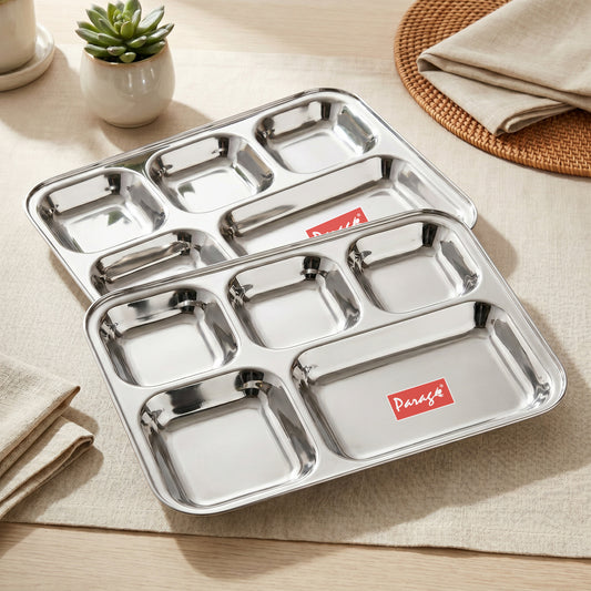 Thali Set | 2pc | Stainless Steel | Silver | 5-Compartment
