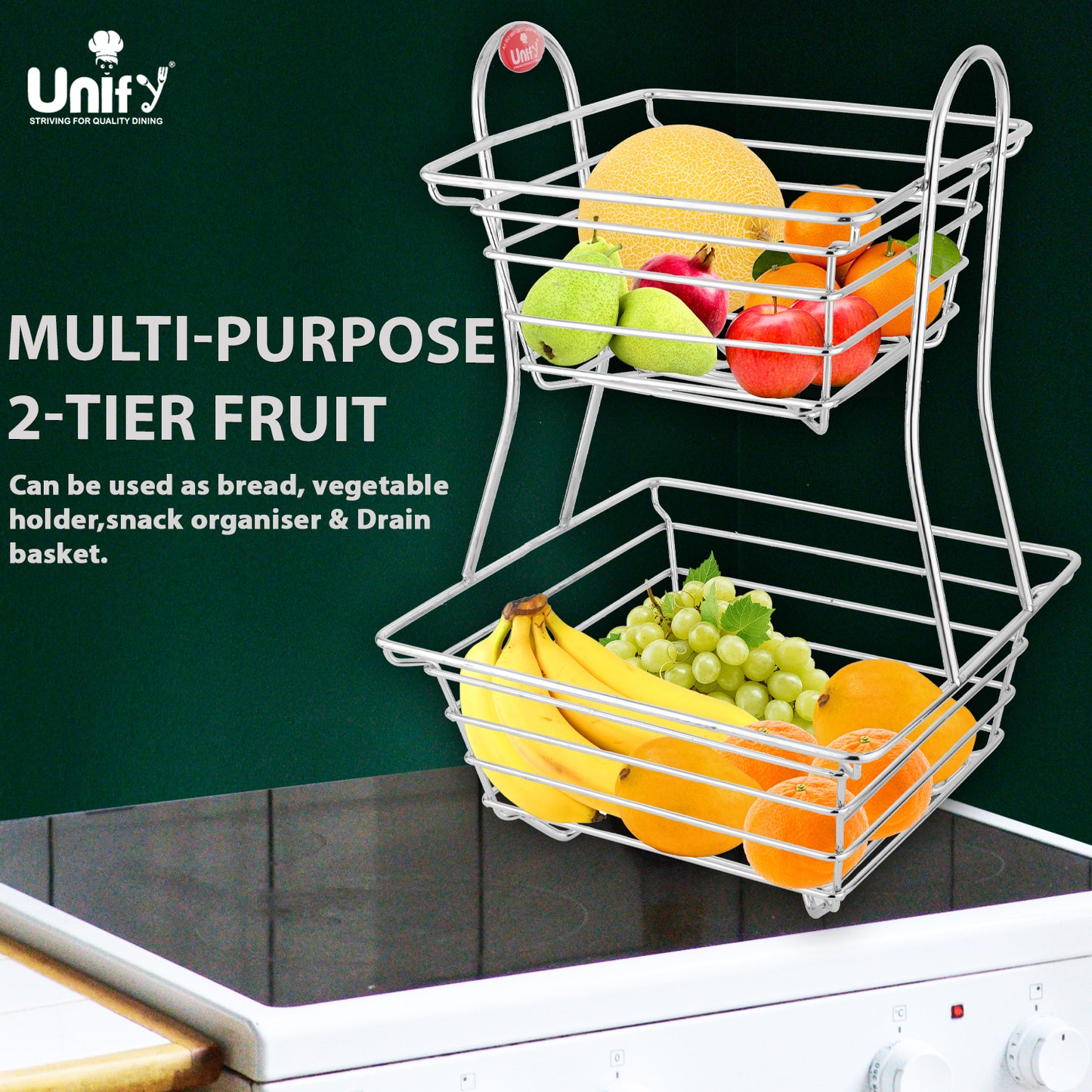 2-Tier Stainless Steel Fruit Basket - Square, Kitchen & Dining Table Stand