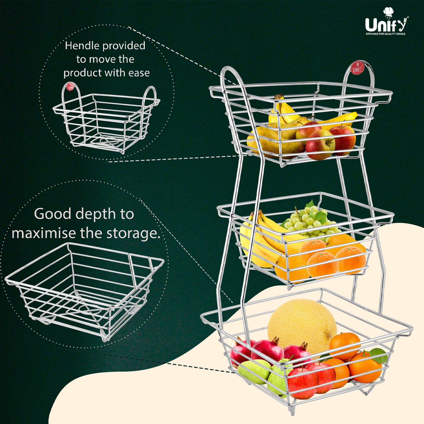 3-Tier Stainless Steel Fruit Basket - Square, Kitchen & Dining Table Stand