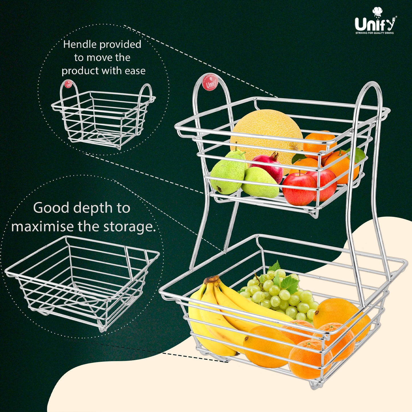 2-Tier Stainless Steel Fruit Basket - Square, Kitchen & Dining Table Stand
