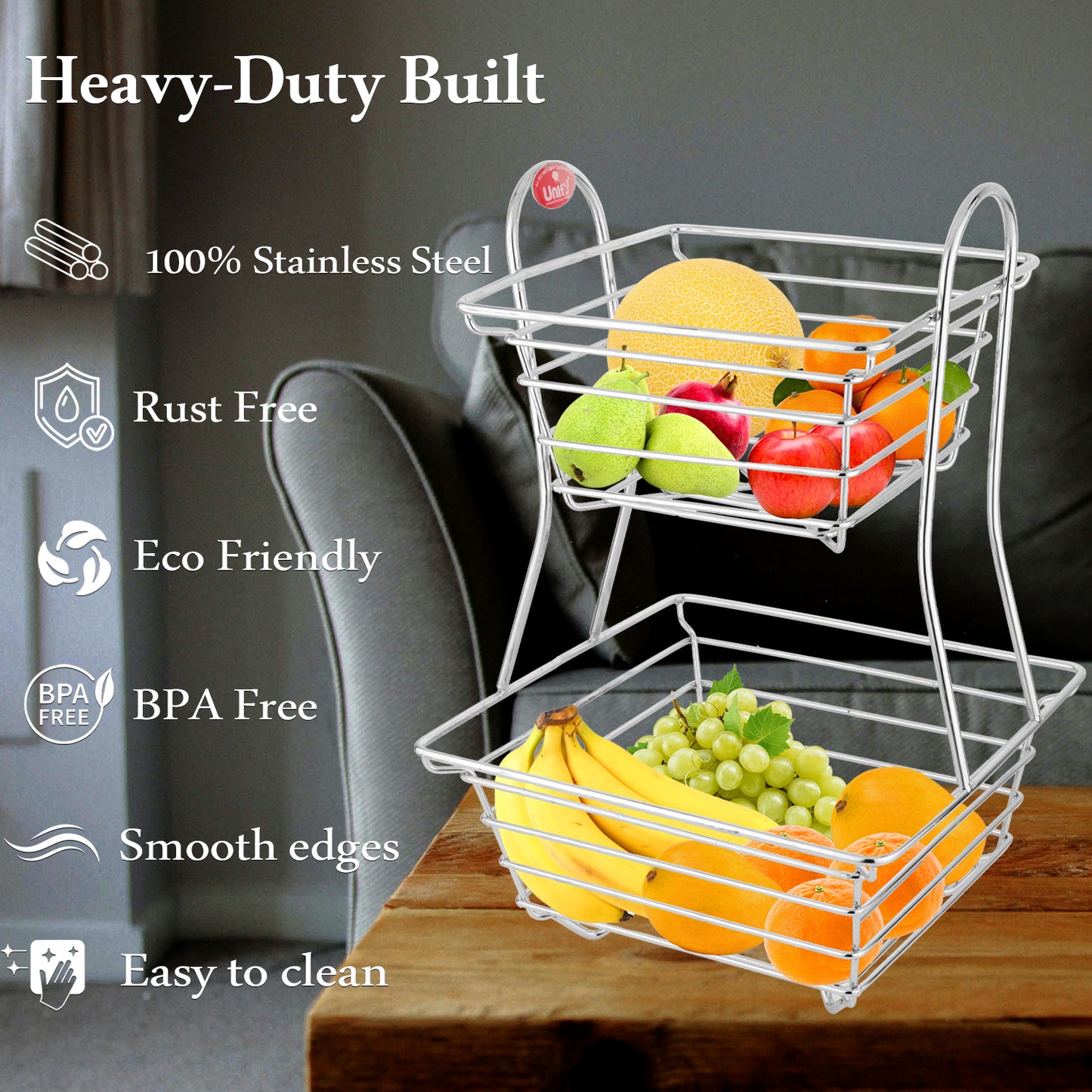 2-Tier Stainless Steel Fruit Basket - Square, Kitchen & Dining Table Stand