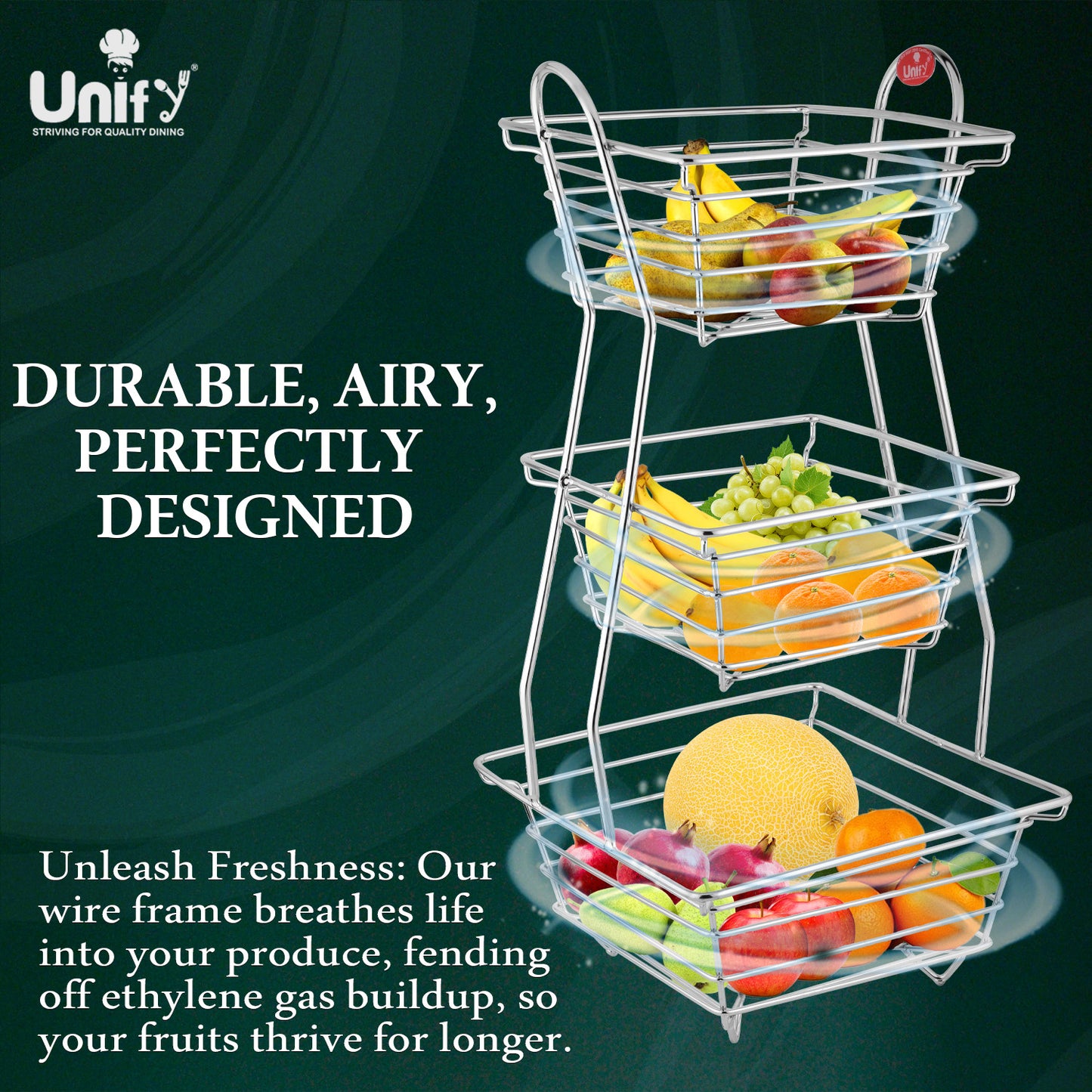 3-Tier Stainless Steel Fruit Basket - Square, Kitchen & Dining Table Stand