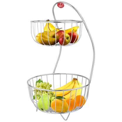 Stainless Steel 2-Tier Fruit Basket | Kitchen & Dining Table Fruit & Vegetable Storage Rack (Silver)