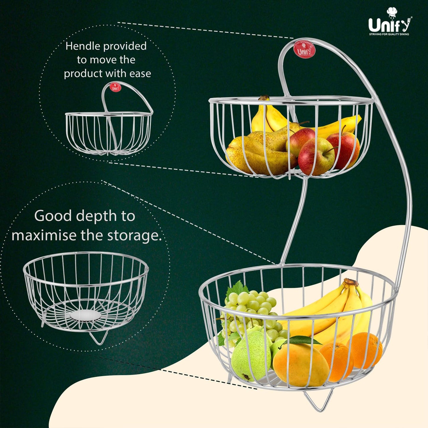Stainless Steel 2-Tier Fruit Basket | Kitchen & Dining Table Fruit & Vegetable Storage Rack (Silver)