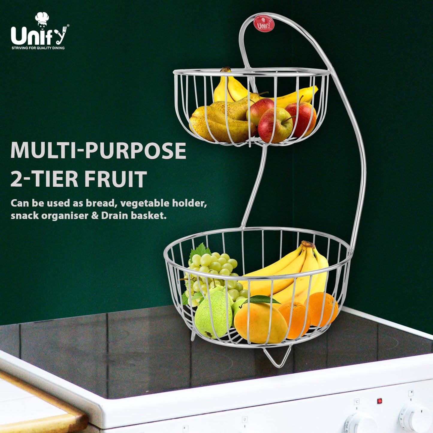 Stainless Steel 2-Tier Fruit Basket | Kitchen & Dining Table Fruit & Vegetable Storage Rack (Silver)