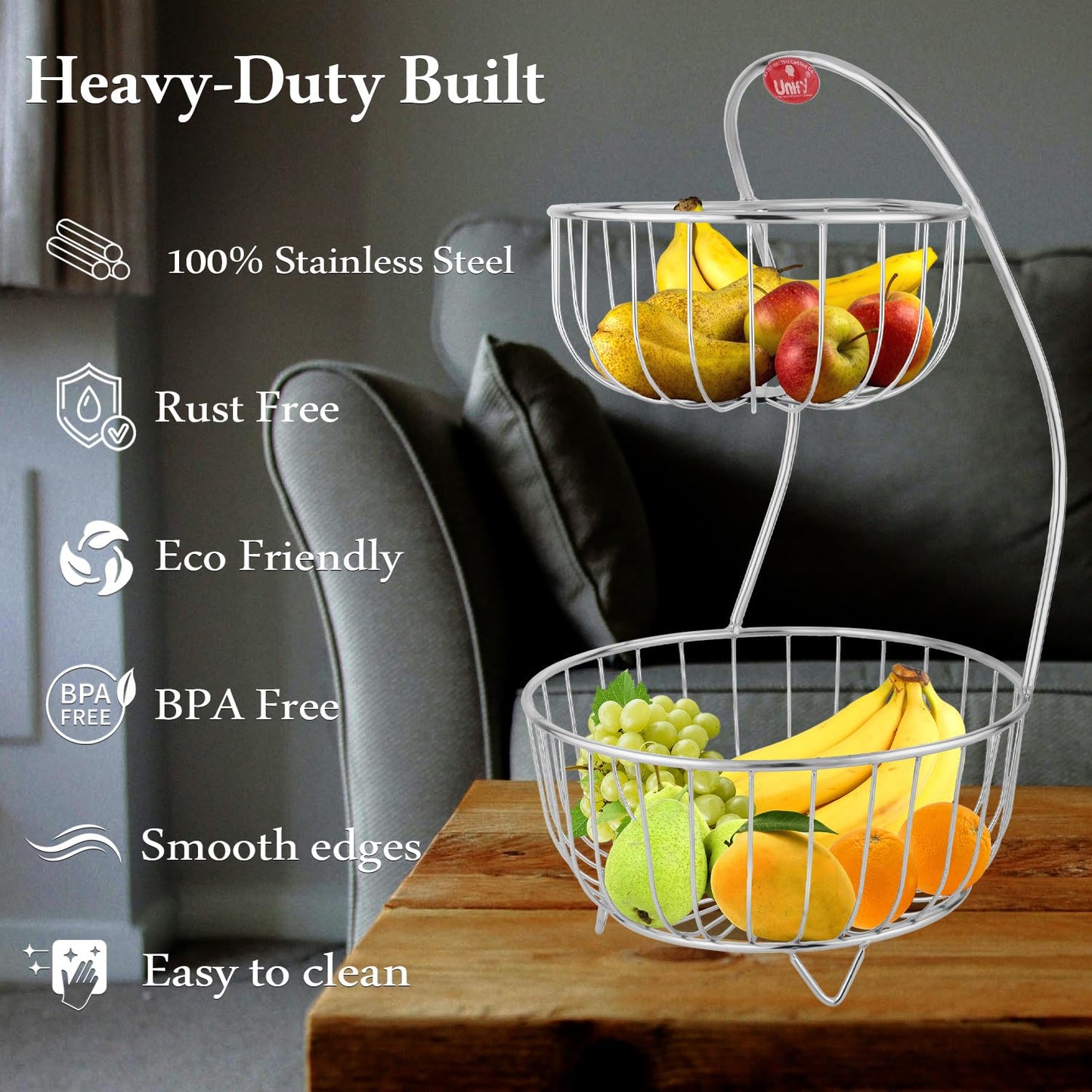 Stainless Steel 2-Tier Fruit Basket | Kitchen & Dining Table Fruit & Vegetable Storage Rack (Silver)