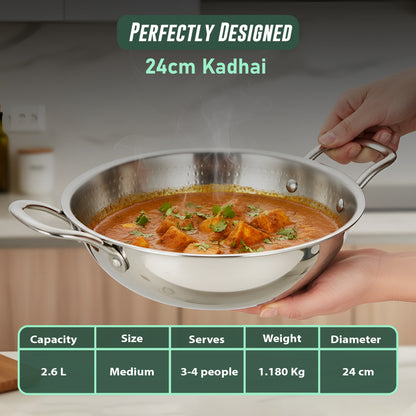 1 Piece Tripure Tri-Ply Hammered Stainless Steel Kadhai 24 cm | ISI Mark Certified | 2.6 LTR Deep Kadhai for Induction & Gas Stove | Even Heat Distribution, Non-Reactive, Heavy Bottom Cookware