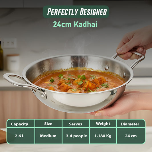 1 Piece Tripure Tri-Ply Hammered Stainless Steel Kadhai 24 cm | ISI Mark Certified | 2.6 LTR Deep Kadhai for Induction & Gas Stove | Even Heat Distribution, Non-Reactive, Heavy Bottom Cookware