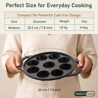Cast Iron Paniyaram Appe Pan, 9 Pits, Appam Maker & Paniyaram Tawa, Heavy Duty Naturally Non-Stick Cast Iron Cookwar – Parage