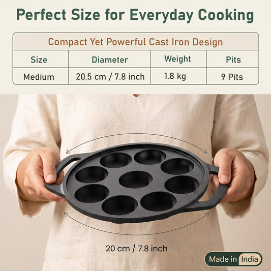 Cast Iron Paniyaram Appe Pan, 9 Pits, Appam Maker & Paniyaram Tawa, Heavy Duty Naturally Non-Stick Cast Iron Cookwar – Parage