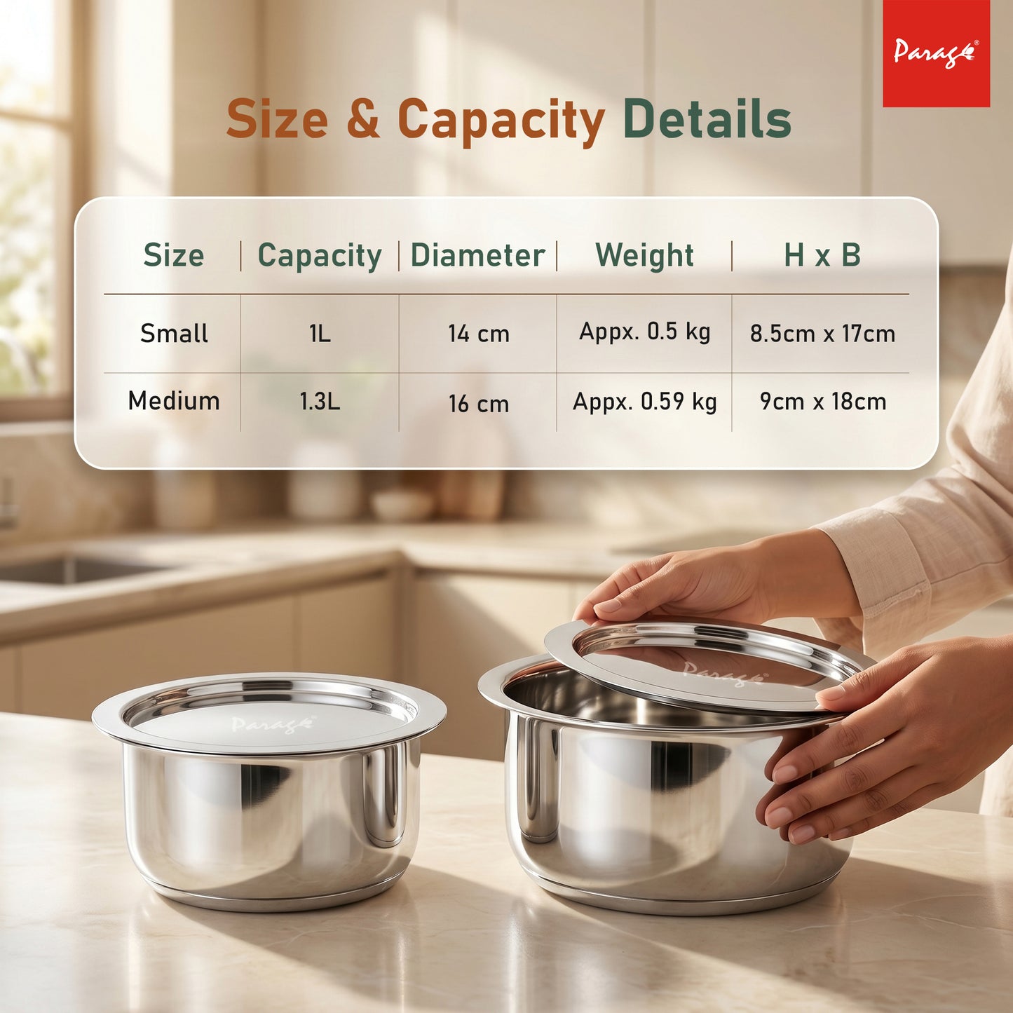 2 Pieces Tri-Bond Stainless Steel Tope Set with Lid, 1 L, 1.3 L, Tri-Ply Bottom Patila, Bhagona/Bhigona Set for Gas & Induction Compatible, Boiling Cooking Pots (Size No. 11, 12)