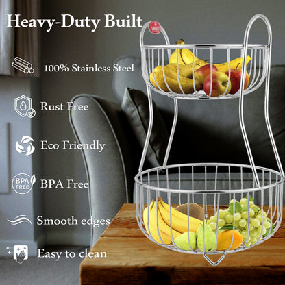 2-Tier Stainless Steel Fruit Basket - Round, 1 kg, Kitchen & Dining Table Stand